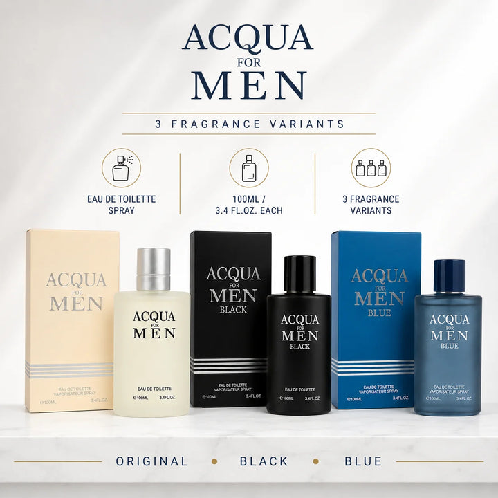 3 Piece Men’s Cologne Set – Acqua for Men, Acqua for Men Black &amp; Acqua for Men Blue – 100ml / 3.4 Fl Oz Each – Eau de Toilette Spray – Fresh Aromatic Fragrance Gift Set for Men
