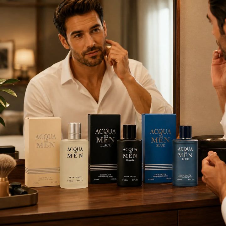 3 Piece Men’s Cologne Set – Acqua for Men, Acqua for Men Black &amp; Acqua for Men Blue – 100ml / 3.4 Fl Oz Each – Eau de Toilette Spray – Fresh Aromatic Fragrance Gift Set for Men