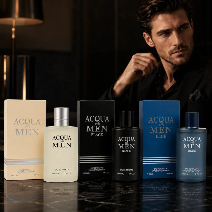 3 Piece Men’s Cologne Set – Acqua for Men, Acqua for Men Black &amp; Acqua for Men Blue – 100ml / 3.4 Fl Oz Each – Eau de Toilette Spray – Fresh Aromatic Fragrance Gift Set for Men