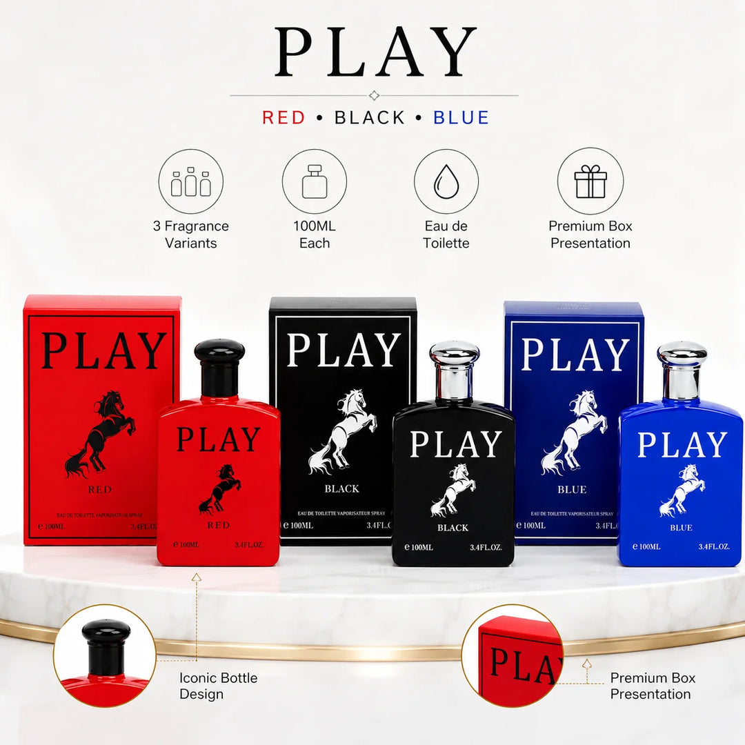 3 Piece Men’s Cologne Set – Play Red, Play Black &amp; Play Blue – 100ml / 3.4 Fl Oz Each – Eau de Toilette Spray – Fresh Aromatic Men’s Fragrance Collection &amp; Gift Set for Him