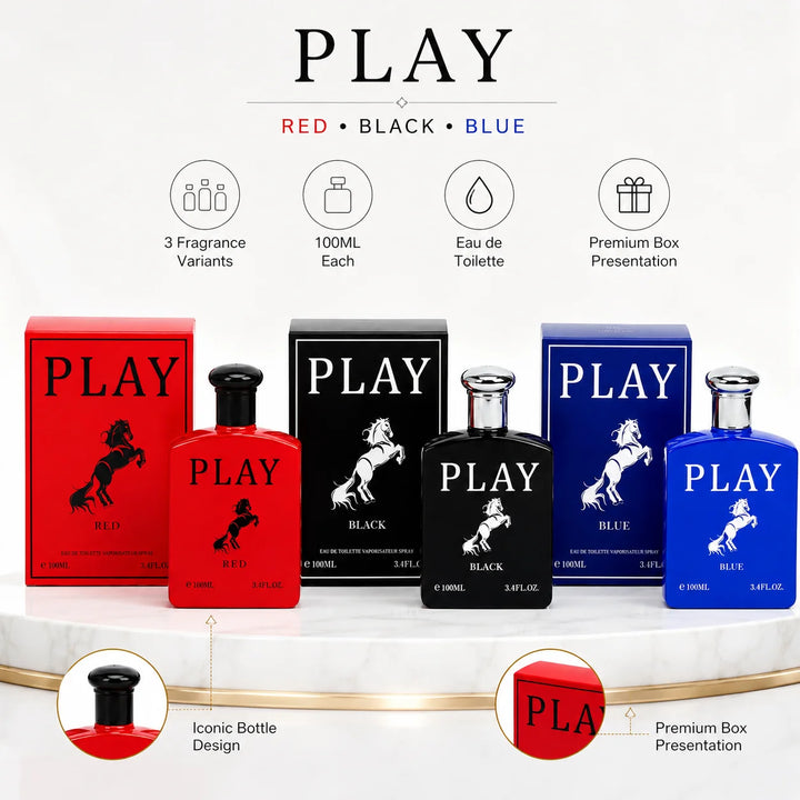 3 Piece Men’s Cologne Set – Play Red, Play Black &amp; Play Blue – 100ml / 3.4 Fl Oz Each – Eau de Toilette Spray – Fresh Aromatic Men’s Fragrance Collection &amp; Gift Set for Him