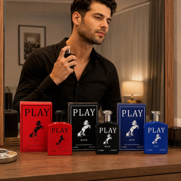 3 Piece Men’s Cologne Set – Play Red, Play Black &amp; Play Blue – 100ml / 3.4 Fl Oz Each – Eau de Toilette Spray – Fresh Aromatic Men’s Fragrance Collection &amp; Gift Set for Him