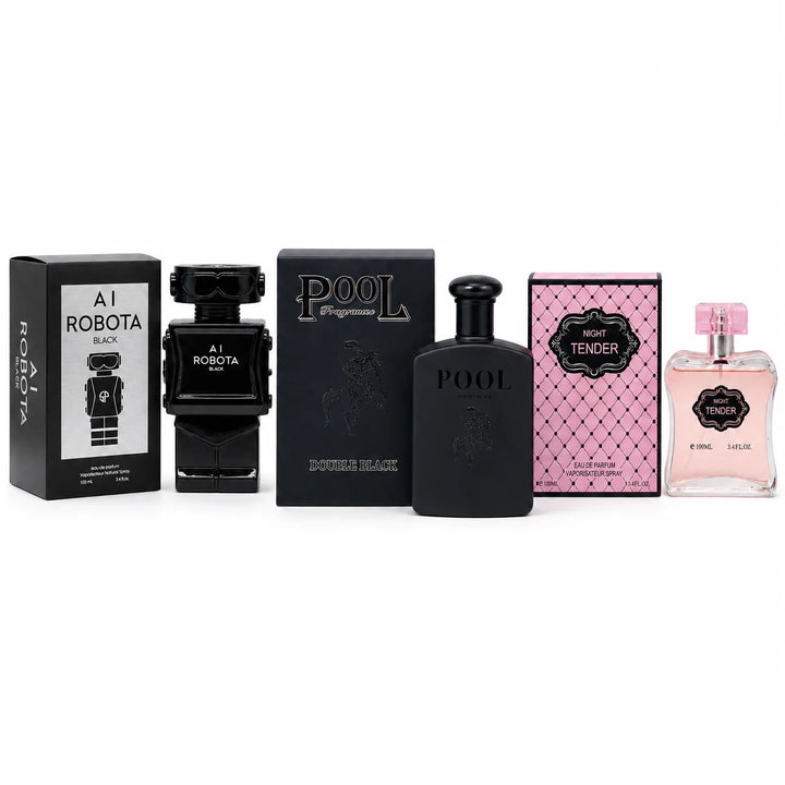 3 Piece Perfume &amp; Cologne Gift Set – AI Robota Black, Pool Double Black &amp; Night Tender – 100ml / 3.4 Fl Oz Each – Eau de Parfum Fragrance Collection for Men &amp; Women