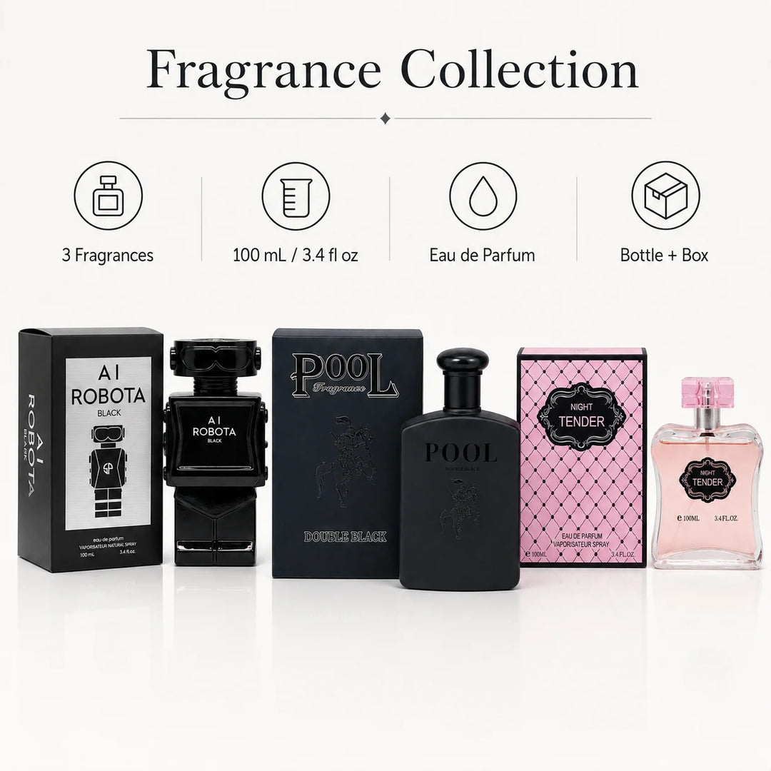 3 Piece Perfume &amp; Cologne Gift Set – AI Robota Black, Pool Double Black &amp; Night Tender – 100ml / 3.4 Fl Oz Each – Eau de Parfum Fragrance Collection for Men &amp; Women