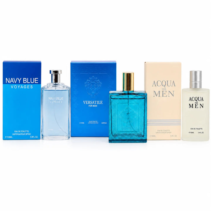 3 Piece Men’s Cologne Set – Navy Blue Voyages, Versatile for Man &amp; Acqua for Men – Eau de Toilette Spray – Fresh Aquatic Aromatic Fragrance Gift Set for Men
