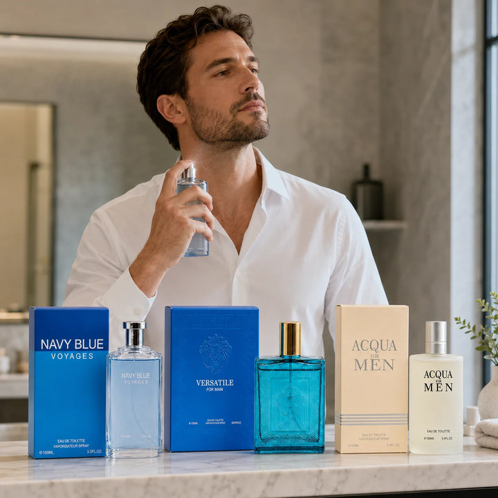 3 Piece Men’s Cologne Set – Navy Blue Voyages, Versatile for Man &amp; Acqua for Men – Eau de Toilette Spray – Fresh Aquatic Aromatic Fragrance Gift Set for Men