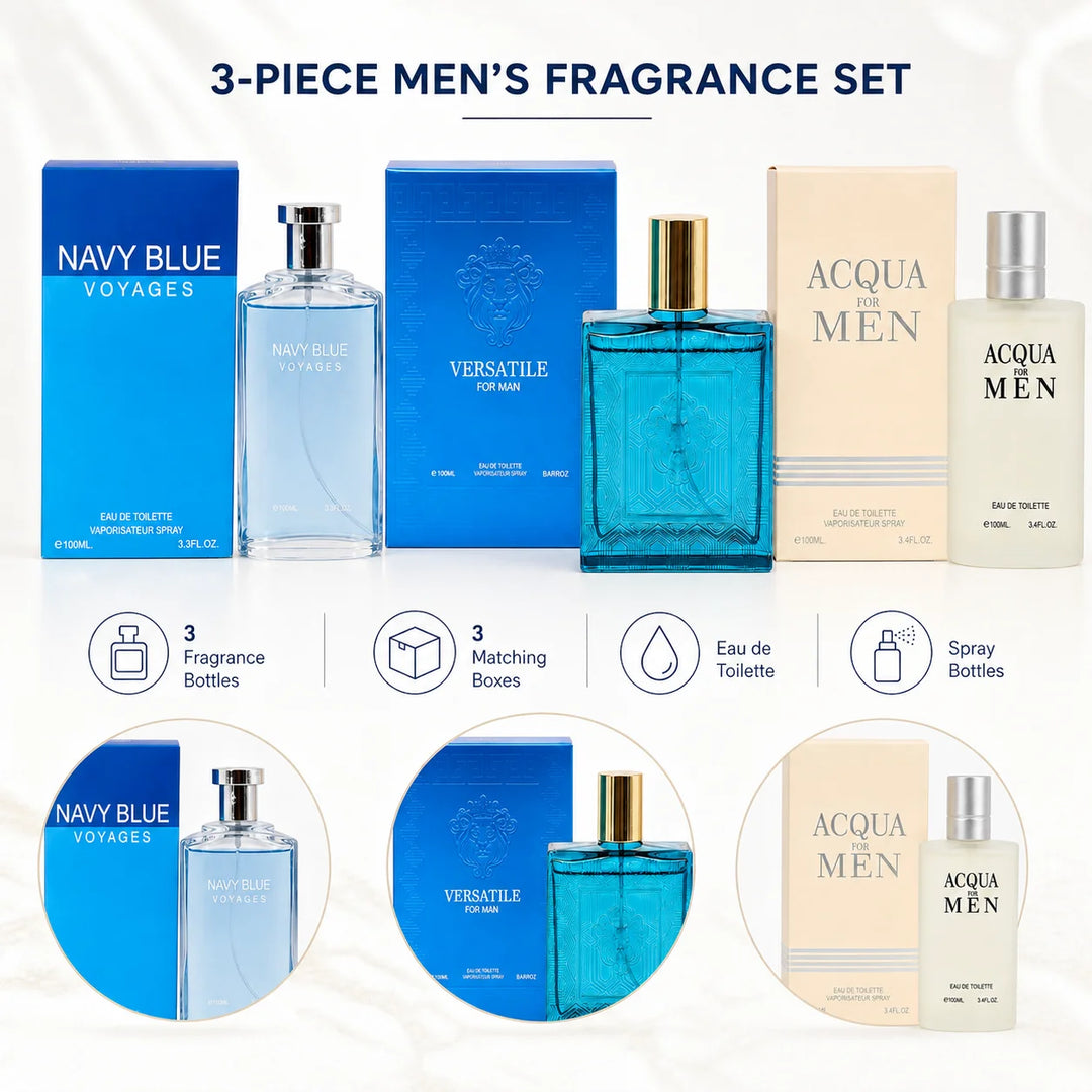 3 Piece Men’s Cologne Set – Navy Blue Voyages, Versatile for Man &amp; Acqua for Men – Eau de Toilette Spray – Fresh Aquatic Aromatic Fragrance Gift Set for Men