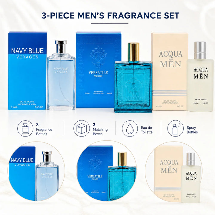 3 Piece Men’s Cologne Set – Navy Blue Voyages, Versatile for Man &amp; Acqua for Men – Eau de Toilette Spray – Fresh Aquatic Aromatic Fragrance Gift Set for Men