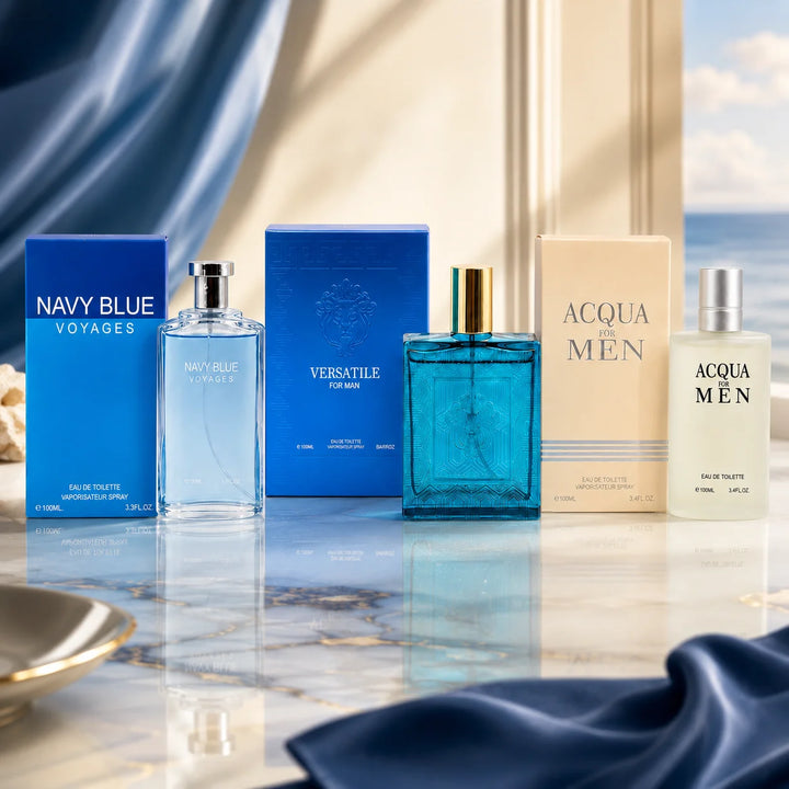 3 Piece Men’s Cologne Set – Navy Blue Voyages, Versatile for Man &amp; Acqua for Men – Eau de Toilette Spray – Fresh Aquatic Aromatic Fragrance Gift Set for Men