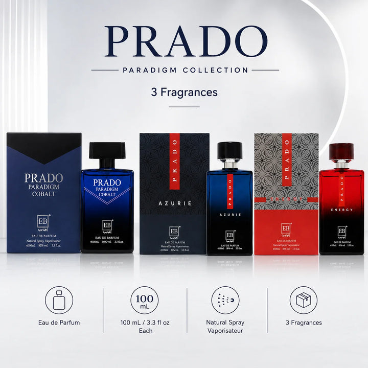 3 Piece Men’s Cologne Set – Prado Paradigm Cobalt, Prado Azurie &amp; Prado Energy – 100ml / 3.3 Fl Oz Each – Eau de Parfum Spray – Fresh Aromatic Men’s Fragrance Gift Set
