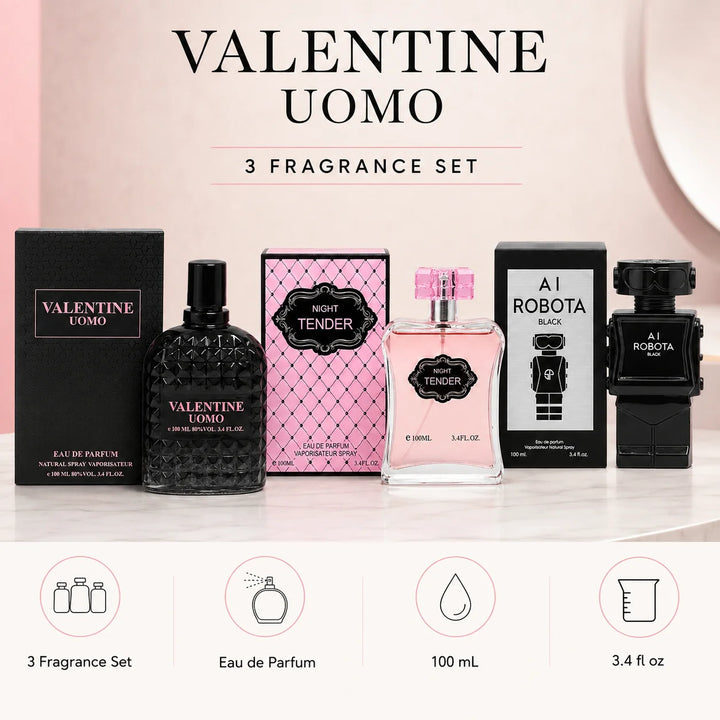 3 Piece Perfume Set for Men &amp; Women – Valentine Uomo, Night Tender &amp; AI Robota Black – 100ml / 3.4 Fl Oz Each – Eau de Parfum Spray – His &amp; Hers Fragrance Gift Collection