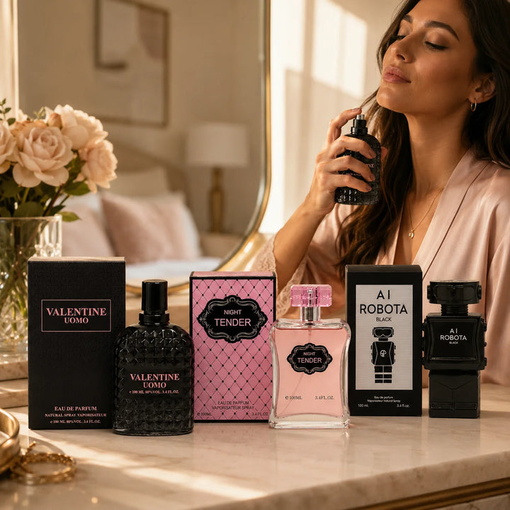 3 Piece Perfume Set for Men &amp; Women – Valentine Uomo, Night Tender &amp; AI Robota Black – 100ml / 3.4 Fl Oz Each – Eau de Parfum Spray – His &amp; Hers Fragrance Gift Collection