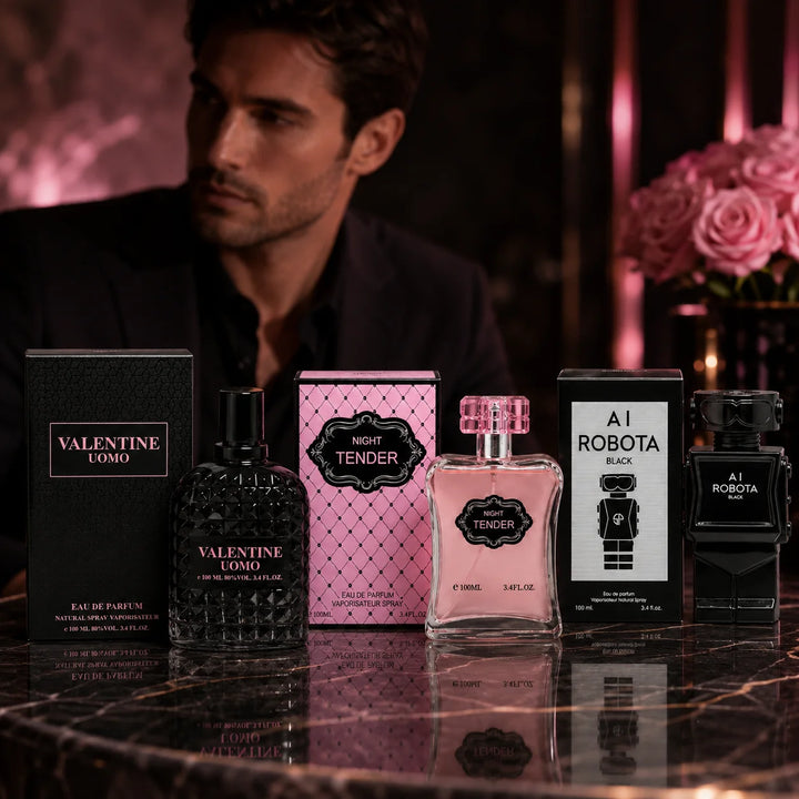 3 Piece Perfume Set for Men &amp; Women – Valentine Uomo, Night Tender &amp; AI Robota Black – 100ml / 3.4 Fl Oz Each – Eau de Parfum Spray – His &amp; Hers Fragrance Gift Collection