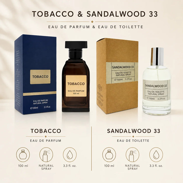 2 Piece Fragrance Set – Tobacco Eau de Parfum &amp; Sandalwood 33 Eau de Toilette, 100ml / 3.3 Fl Oz Each – Warm Woody Aromatic Perfume &amp; Cologne Spray Gift Set
