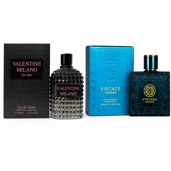 2 Piece Men’s Cologne Set – Valentine Milano & Vintage Heroes, 100ml / 3.4 Fl Oz Each – Eau de Toilette Spray – Fresh Woody Aromatic Men’s Fragrance Gift Set