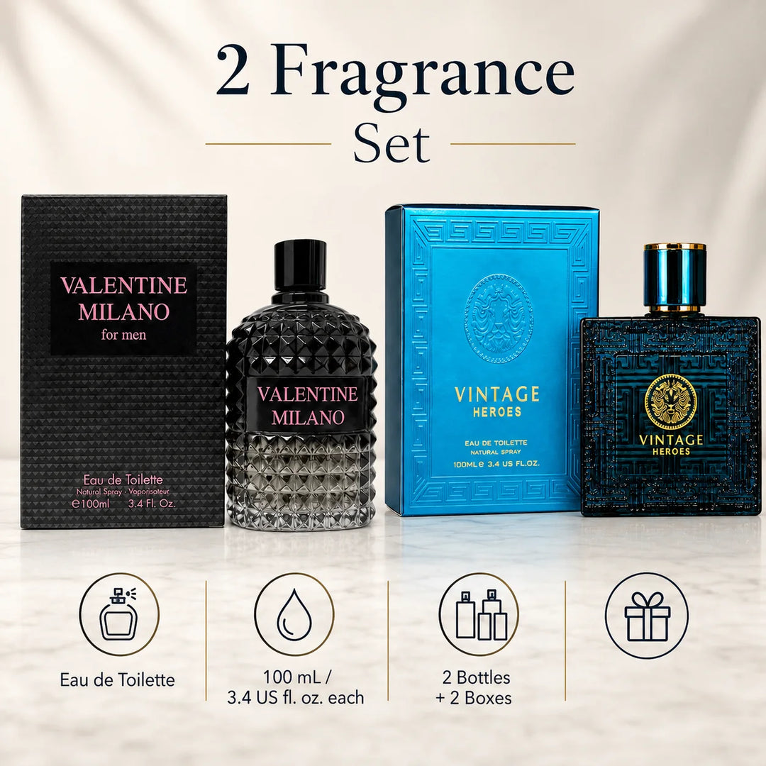 2 Piece Men’s Cologne Set – Valentine Milano &amp; Vintage Heroes, 100ml / 3.4 Fl Oz Each – Eau de Toilette Spray – Fresh Woody Aromatic Men’s Fragrance Gift Set