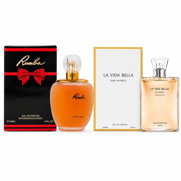 2 Piece Women’s Perfume Set – Rumba & La Vida Bella, 100ml / 3.4 Fl Oz Each – Eau de Parfum Spray – Sweet Floral Fruity Fragrance Collection for Women
