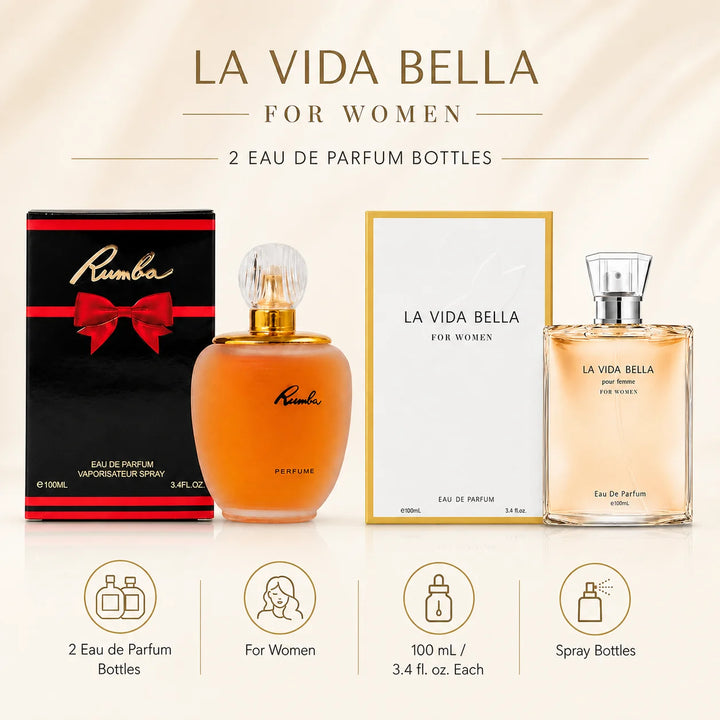 2 Piece Women’s Perfume Set – Rumba &amp; La Vida Bella, 100ml / 3.4 Fl Oz Each – Eau de Parfum Spray – Sweet Floral Fruity Fragrance Collection for Women