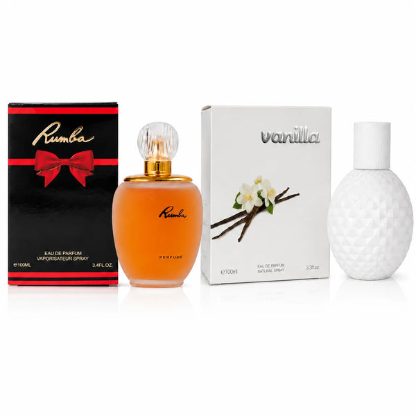 2 Piece Women’s Perfume Set – Rumba & Vanilla, 100ml / 3.3–3.4 Fl Oz Each – Eau de Parfum Spray – Sweet Vanilla & Feminine Fragrance Collection for Women