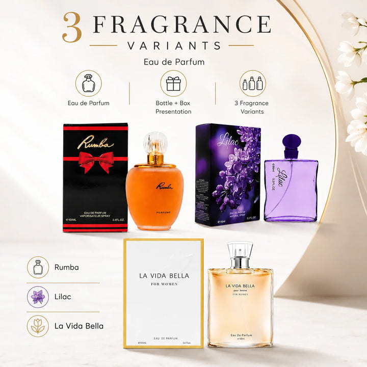 Rumba, Lilac &amp; La Vida Bella Perfume Set for Women – 3 Piece Eau de Parfum Fragrance Collection &amp; Floral, Sweet &amp; Warm Feminine Scents, Full Size Perfume Gift Set