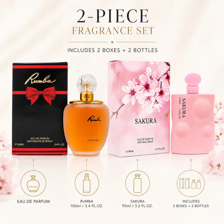 Rumba &amp; Sakura Perfume Set for Women – 2 Piece Eau de Parfum Fragrance Collection, 100ml &amp; 95ml, Floral, Sweet &amp; Warm Feminine Scents, Full Size Perfume Gift Set