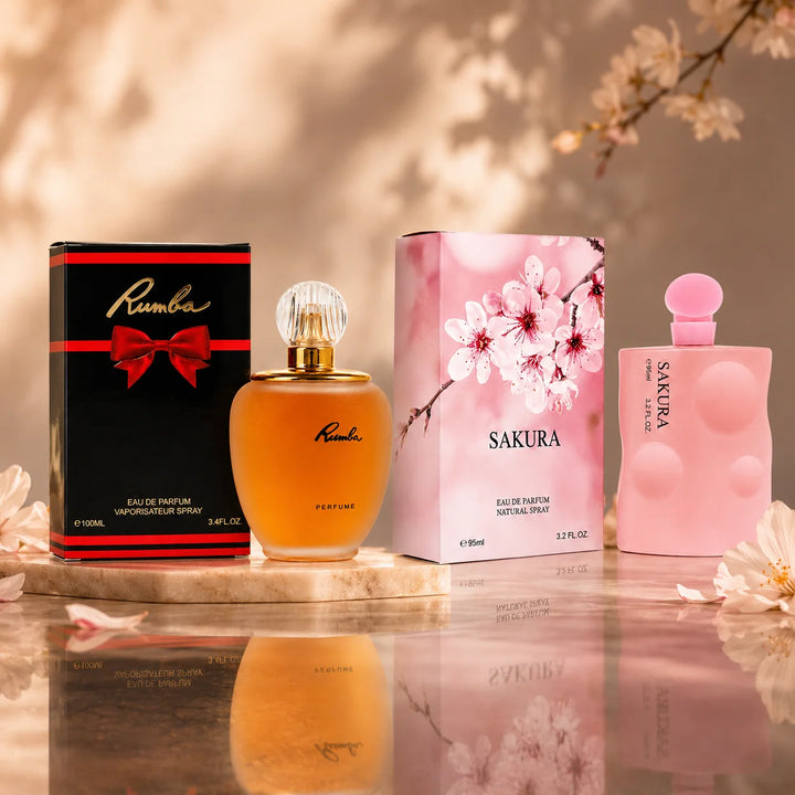 Rumba &amp; Sakura Perfume Set for Women – 2 Piece Eau de Parfum Fragrance Collection, 100ml &amp; 95ml, Floral, Sweet &amp; Warm Feminine Scents, Full Size Perfume Gift Set