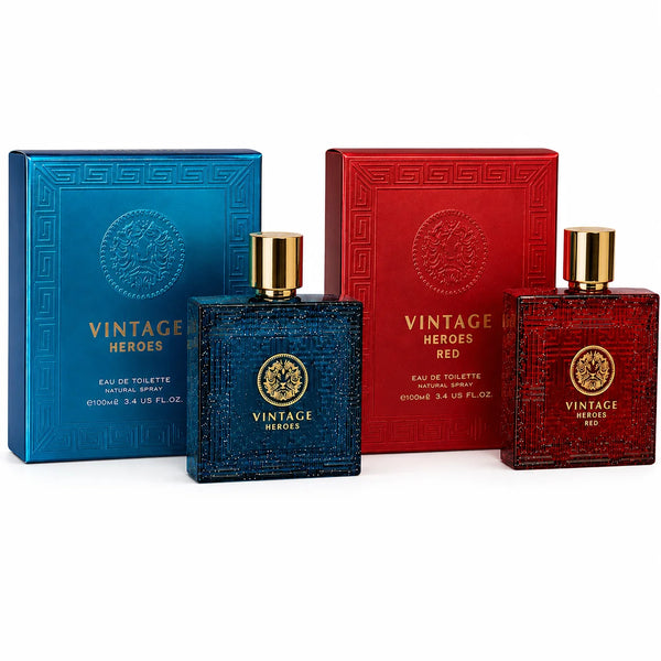 Vintage Heroes Blue & Red 2 Piece Cologne Set for Men – Eau de Toilette Spray, 100ml / 3.4 Fl Oz Each – Fresh, Woody & Warm Masculine Fragrance Gift Set