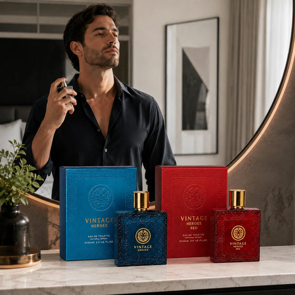Vintage Heroes Blue & Red 2 Piece Cologne Set for Men – Eau de Toilette Spray, 100ml / 3.4 Fl Oz Each – Fresh, Woody & Warm Masculine Fragrance Gift Set