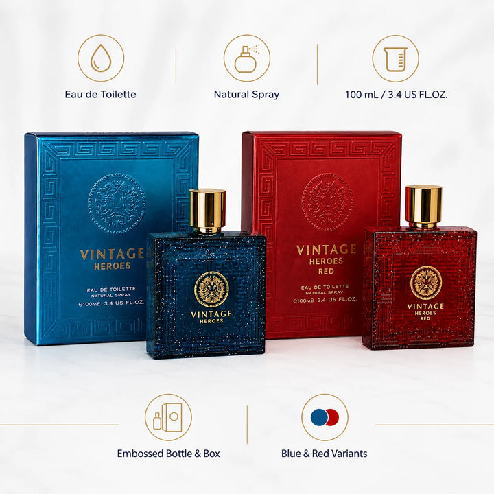 Vintage Heroes Blue &amp; Red 2 Piece Cologne Set for Men – Eau de Toilette Spray, 100ml / 3.4 Fl Oz Each – Fresh, Woody &amp; Warm Masculine Fragrance Gift Set