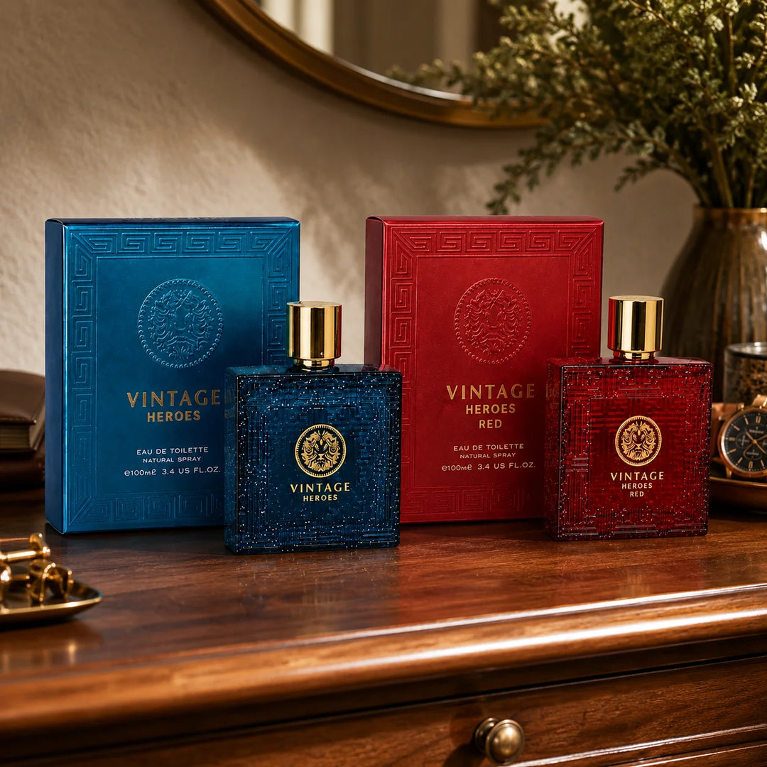 Vintage Heroes Blue &amp; Red 2 Piece Cologne Set for Men – Eau de Toilette Spray, 100ml / 3.4 Fl Oz Each – Fresh, Woody &amp; Warm Masculine Fragrance Gift Set