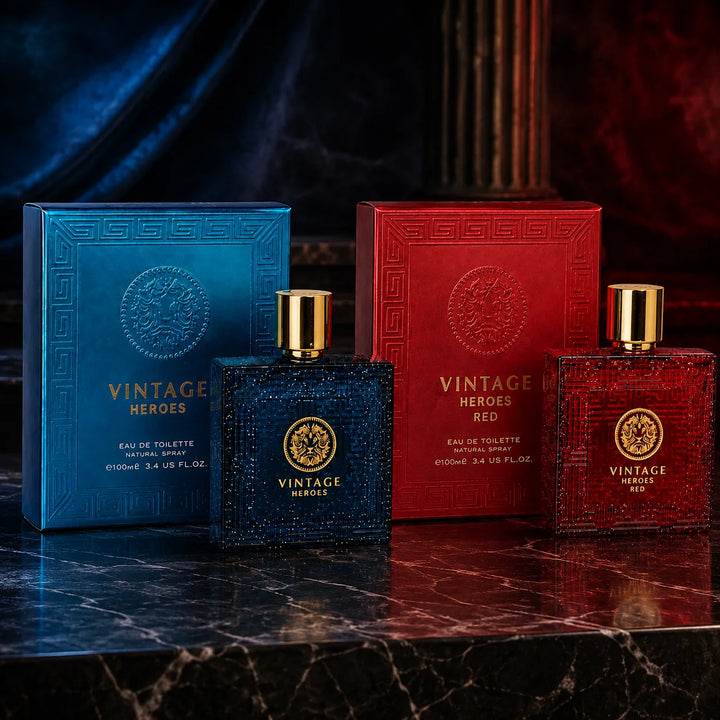 Vintage Heroes Blue &amp; Red 2 Piece Cologne Set for Men – Eau de Toilette Spray, 100ml / 3.4 Fl Oz Each – Fresh, Woody &amp; Warm Masculine Fragrance Gift Set