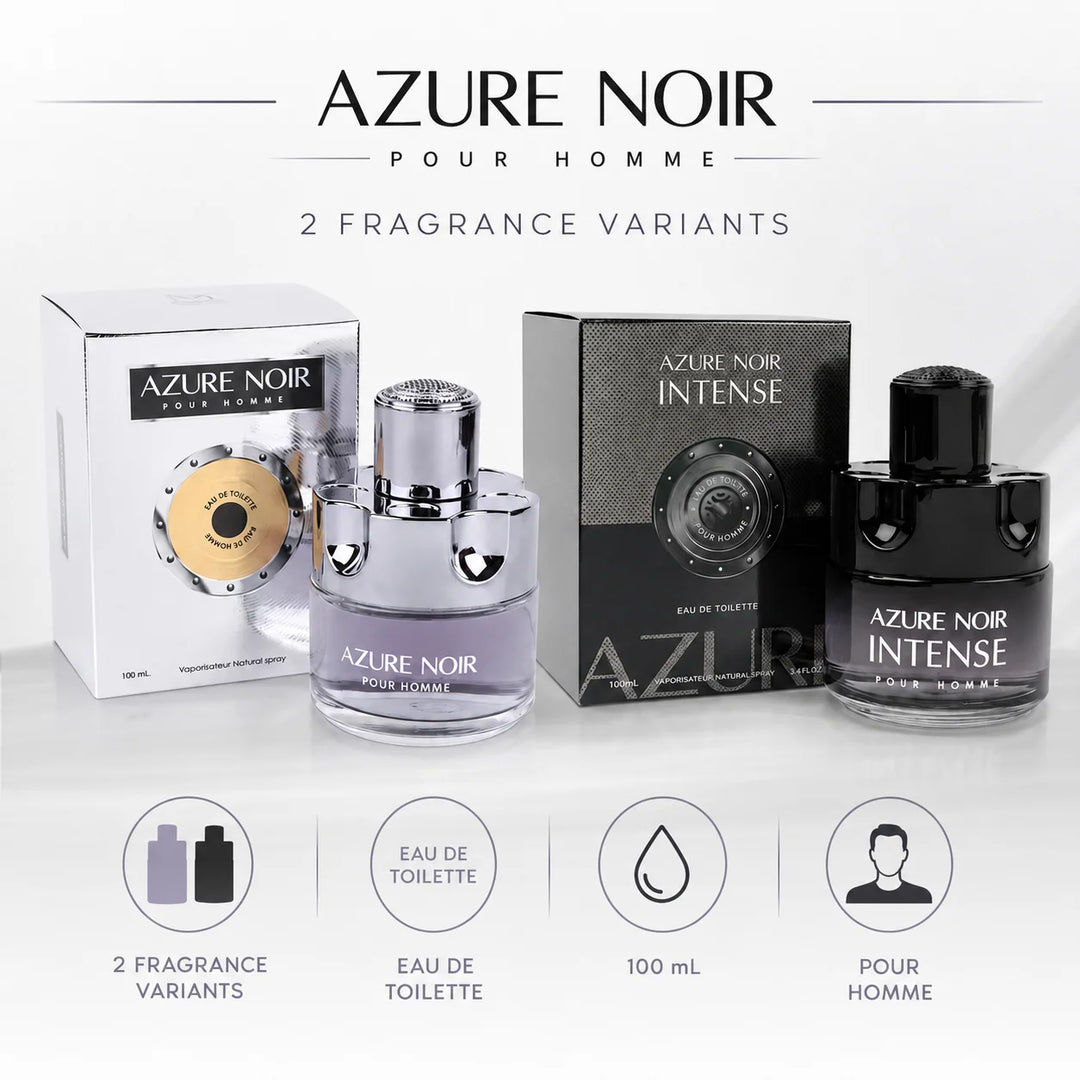 Azure Noir &amp; Azure Noir Intense Cologne for Men 2 Piece Set – 100ml / 3.4 Fl Oz Each, Eau de Toilette Spray, Masculine Fragrance Duo for Everyday &amp; Evening Wear