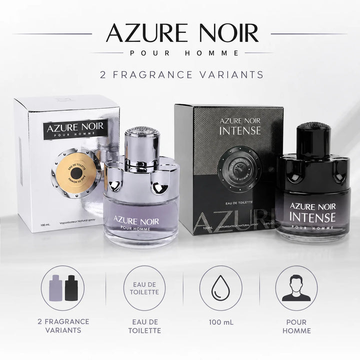 Azure Noir &amp; Azure Noir Intense Cologne for Men 2 Piece Set – 100ml / 3.4 Fl Oz Each, Eau de Toilette Spray, Masculine Fragrance Duo for Everyday &amp; Evening Wear