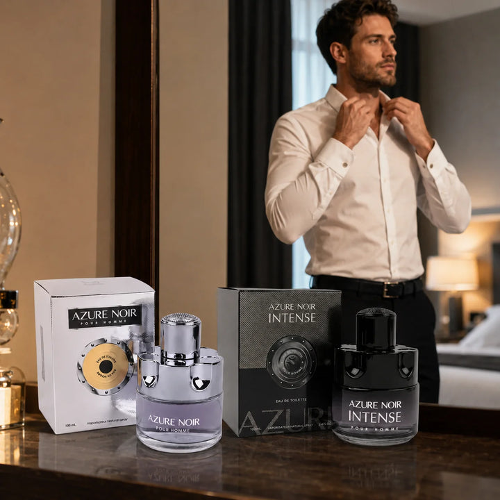 Azure Noir &amp; Azure Noir Intense Cologne for Men 2 Piece Set – 100ml / 3.4 Fl Oz Each, Eau de Toilette Spray, Masculine Fragrance Duo for Everyday &amp; Evening Wear