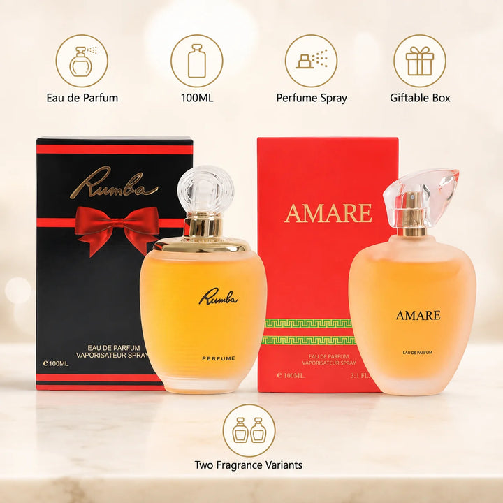 Rumba &amp; Amare Perfume Set for Women – 2 Piece Eau de Parfum Fragrance Collection, 100ml / 3.4 Fl Oz Each, Full Size Women’s Perfume Duo for Everyday &amp; Evening Wear