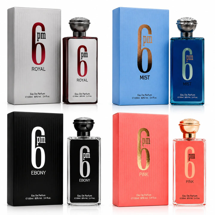 6 PM Perfume Gift Set – Royal, Mist, Ebony &amp; Pink Eau de Parfum Collection | 4 x 3.4 Fl Oz (100ml) Long Lasting Luxury Fragrance Set for Women &amp; Men | Fresh, Floral, Woody &amp; Amber Perfumes
