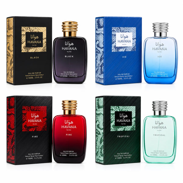 HAVANA Signature Collection for Men – 4-Piece Eau de Parfum Gift Set Featuring Black, Ice, Fire & Tropical, Long Lasting Men's Cologne Variety Pack, Premium Fragrance Collection, 4 x 100ml (3.3 Fl Oz Each)
