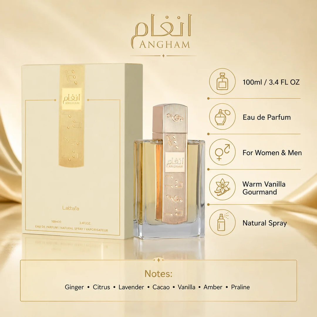 Lattafa Angham Eau de Parfum 3.4 Fl Oz (100ml) – Long Lasting Perfume for Women &amp; Men, Warm Vanilla Gourmand Fragrance with Ginger, Lavender, Praline, Cacao &amp; Amber