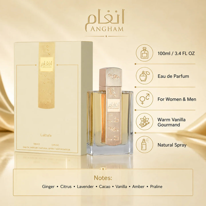 Lattafa Angham Eau de Parfum 3.4 Fl Oz (100ml) – Long Lasting Perfume for Women &amp; Men, Warm Vanilla Gourmand Fragrance with Ginger, Lavender, Praline, Cacao &amp; Amber
