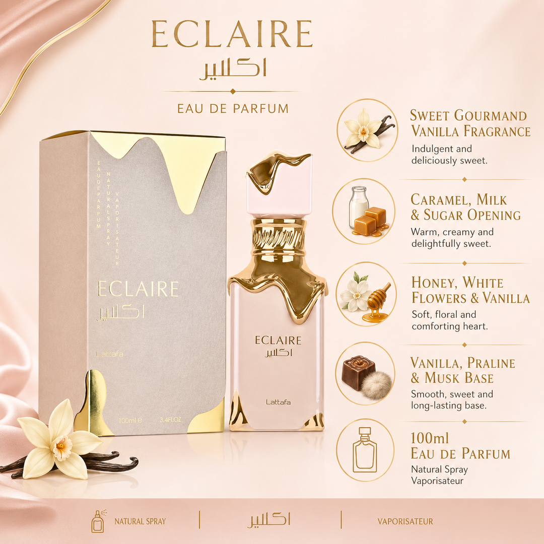 Lattafa Eclaire Eau de Parfum for Women 3.4 Fl Oz (100ml) – Sweet Gourmand Vanilla Perfume with Caramel, Milk, Honey, Praline &amp; Musk – Long Lasting Women’s Fragrance