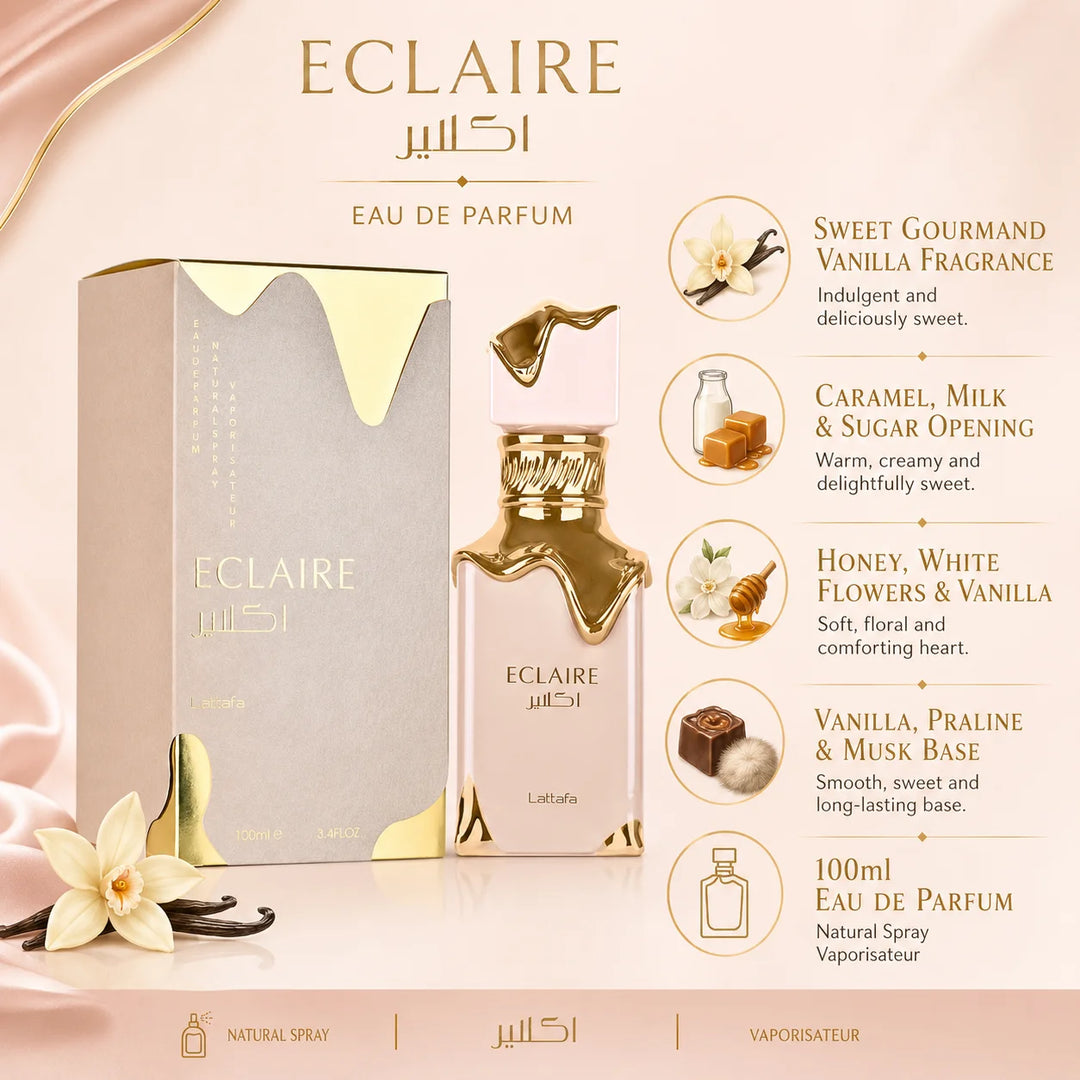 Lattafa Eclaire Eau de Parfum for Women 3.4 Fl Oz (100ml) – Sweet Gourmand Vanilla Perfume with Caramel, Milk, Honey, Praline &amp; Musk – Long Lasting Women’s Fragrance
