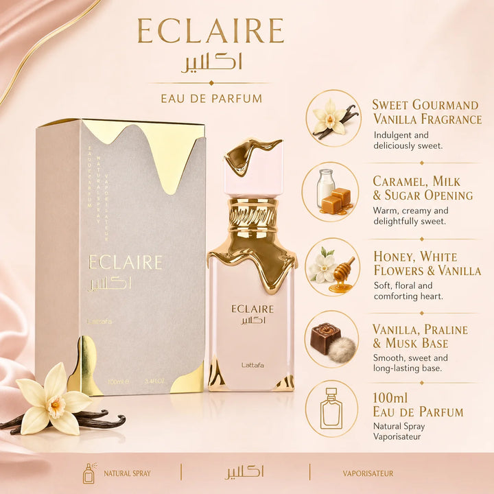 Lattafa Eclaire Eau de Parfum for Women 3.4 Fl Oz (100ml) – Sweet Gourmand Vanilla Perfume with Caramel, Milk, Honey, Praline &amp; Musk – Long Lasting Women’s Fragrance