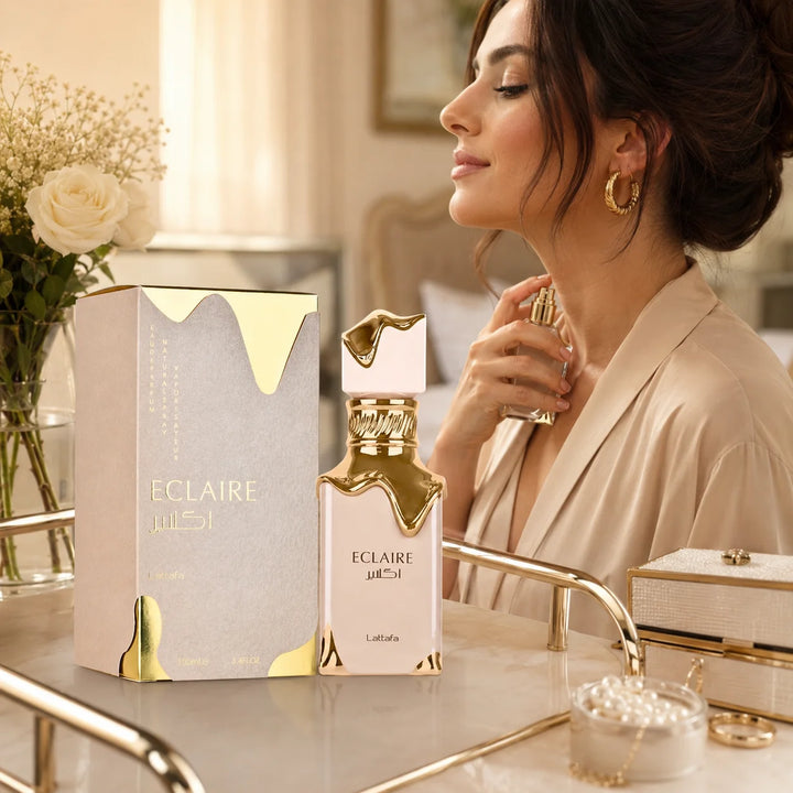 Lattafa Eclaire Eau de Parfum for Women 3.4 Fl Oz (100ml) – Sweet Gourmand Vanilla Perfume with Caramel, Milk, Honey, Praline &amp; Musk – Long Lasting Women’s Fragrance