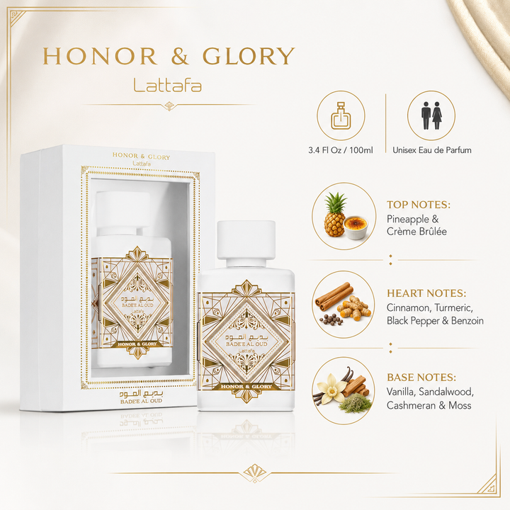 Lattafa Bade’e Al Oud Honor &amp; Glory Eau de Parfum 3.4 Fl Oz (100ml) – Unisex Perfume with Pineapple, Crème Brûlée, Spices, Vanilla &amp; Sandalwood – Warm Gourmand Fragrance