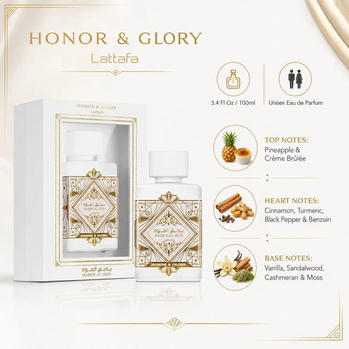 Lattafa Bade’e Al Oud Honor &amp; Glory Eau de Parfum 3.4 Fl Oz (100ml) – Unisex Perfume with Pineapple, Crème Brûlée, Spices, Vanilla &amp; Sandalwood – Warm Gourmand Fragrance