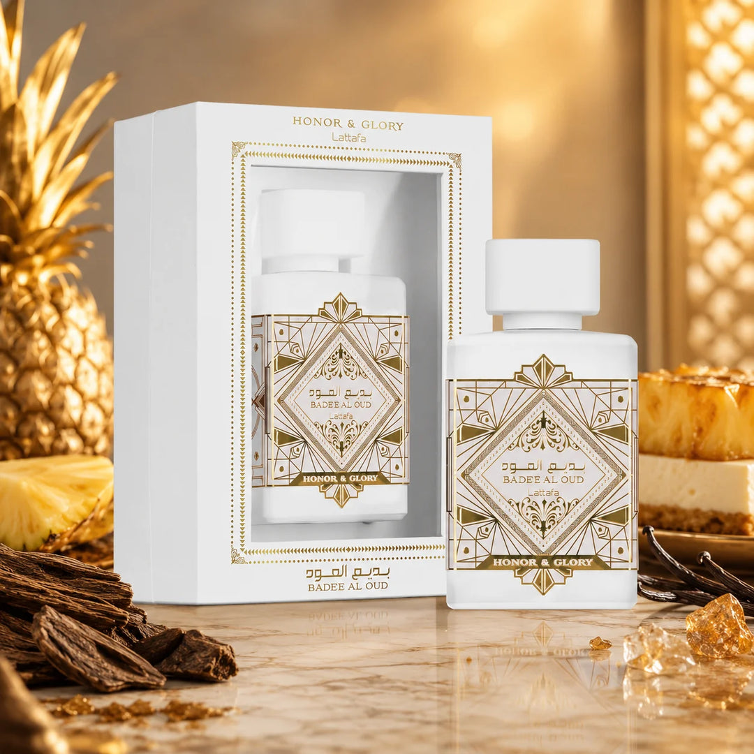 Lattafa Bade’e Al Oud Honor &amp; Glory Eau de Parfum 3.4 Fl Oz (100ml) – Unisex Perfume with Pineapple, Crème Brûlée, Spices, Vanilla &amp; Sandalwood – Warm Gourmand Fragrance
