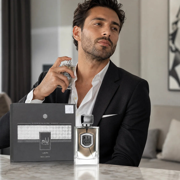 Lattafa Liam Grey Eau de Parfum 3.4 Fl Oz (100ml) – Unisex Arabian Perfume with Fig, Black Tea, Cardamom, Iris, Vanilla &amp; Sandalwood – Warm Woody Fragrance for Women &amp; Men