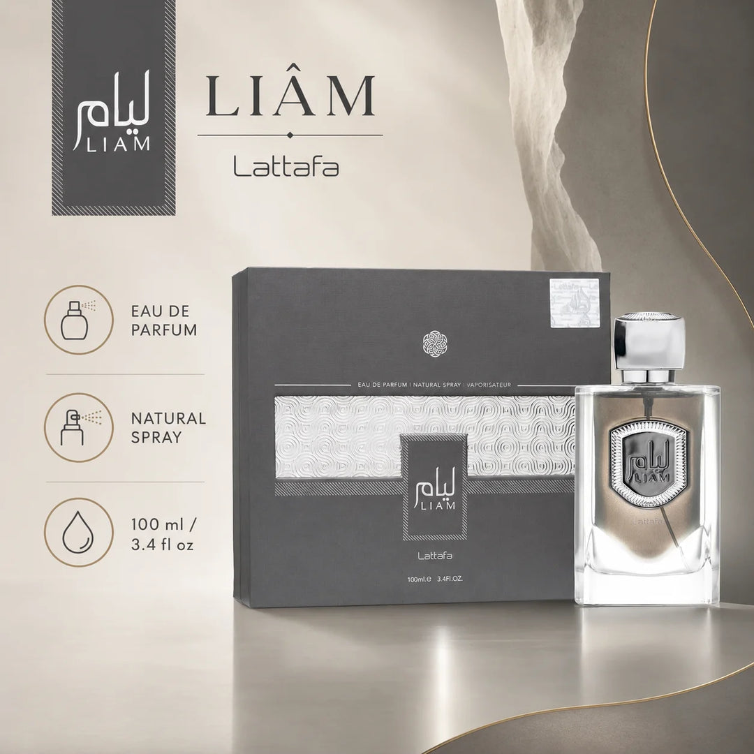 Lattafa Liam Grey Eau de Parfum 3.4 Fl Oz (100ml) – Unisex Arabian Perfume with Fig, Black Tea, Cardamom, Iris, Vanilla &amp; Sandalwood – Warm Woody Fragrance for Women &amp; Men