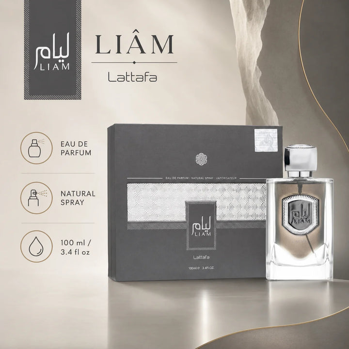 Lattafa Liam Grey Eau de Parfum 3.4 Fl Oz (100ml) – Unisex Arabian Perfume with Fig, Black Tea, Cardamom, Iris, Vanilla &amp; Sandalwood – Warm Woody Fragrance for Women &amp; Men