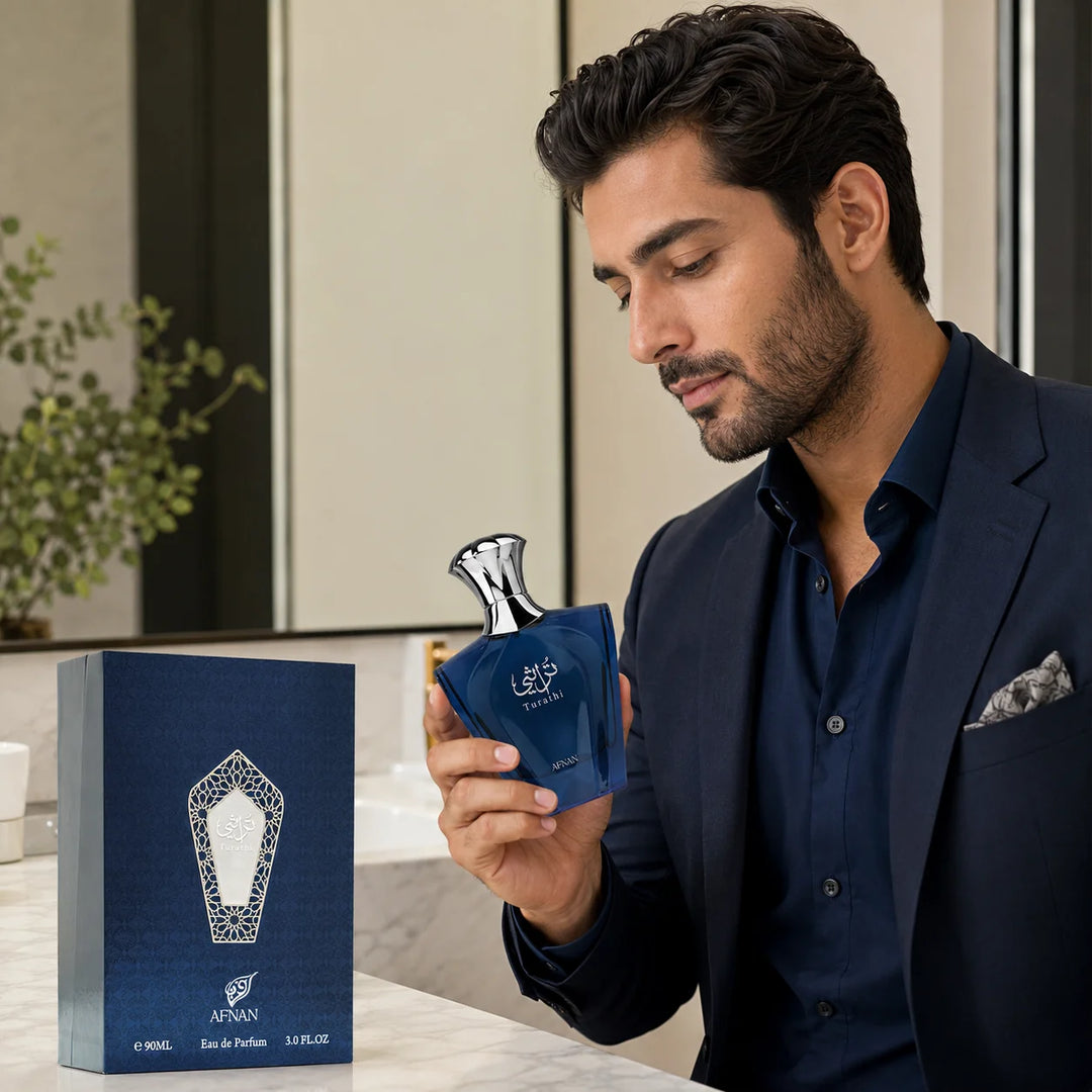 Afnan Turathi Blue Eau de Parfum for Men 3.0 Fl Oz (90ml) – Fresh Citrus Woody Men’s Cologne with Bergamot, Amber, Musk &amp; Spices – Long Lasting Arabian Fragrance